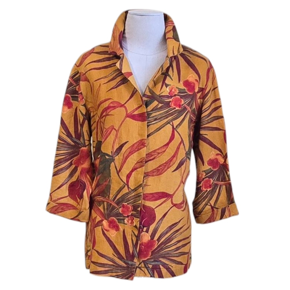 Chico’s Design Linen Tropical Floral Resort Vacation Shirt Mustard Red Women’s M